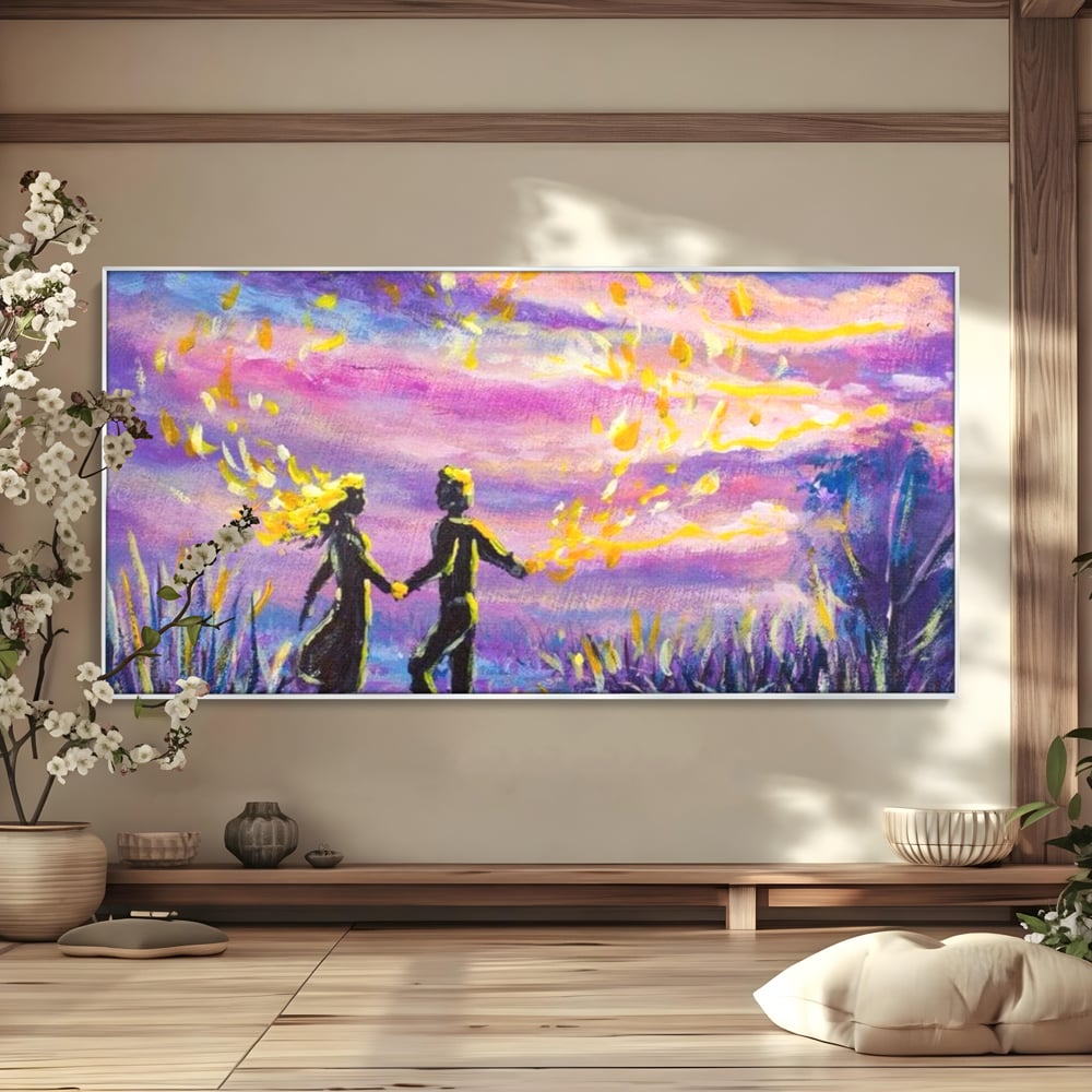Tablou canvas cu tablou canvas cuplu sub cer lila, in rama de aluminiu argintiu